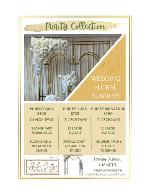Purity Luxe- Arch swag and 10 Floral Arrangements
