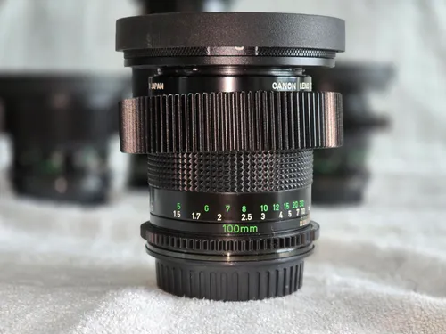 Cine Conversion Canon nFD 100mm f/2 to EF with Caps and Step Up Ring for Matte Box, De-Clicked Aperture