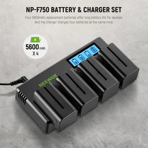 4 Pack NP-F750 Replacement Batteries 7.4V 5600mAh with 4 Channel Battery Charger & Power Adapter