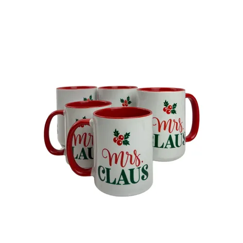 Mrs.Claus Mugs - Various Sizes - White/Red/Green - Ceramic - Red Inside 