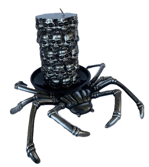 Spider Candle Holder with Skull Pillar Candle Set