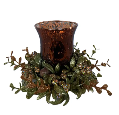 Votive Candle Holder with Gold-Green Faux Greenery