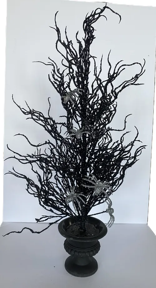 Black Sparkly Halloween Trees with Silver Spiders, Set of 2