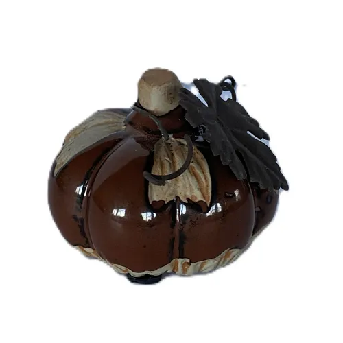 Gold and Brown Ceramic Pumpkin with Metal Leaves