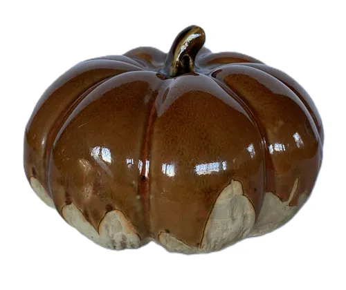 Drip-Glazed Orange and Beige Ceramic Pumpkin