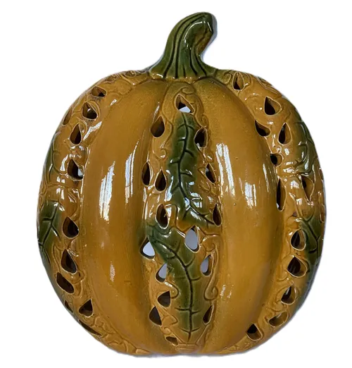Latticed Orange and Green Ceramic Pumpkin