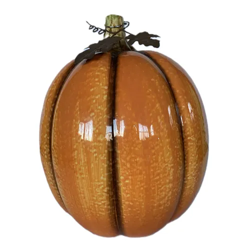 Orange Ceramic Pumpkin with Brown Metal Leaves