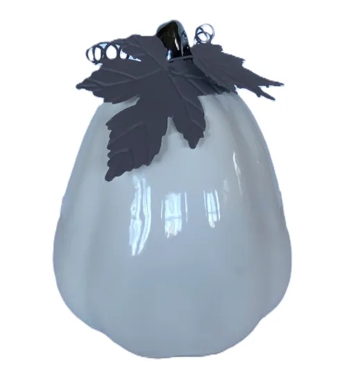 White Ceramic Pumpkin with Metal Leaf