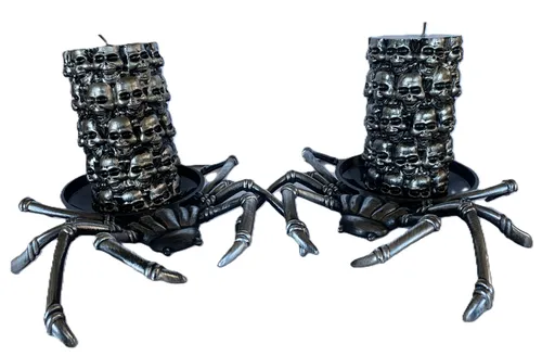 Spider Candle Holder with Skull Pillar Candle Set