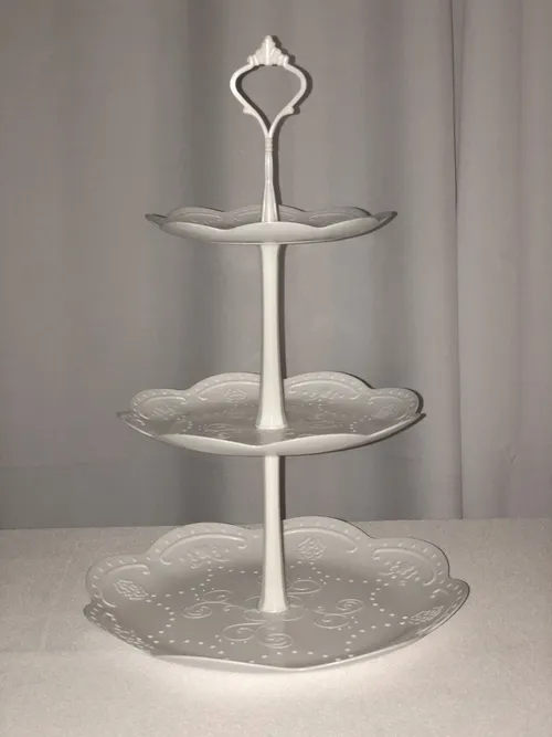 3 Tier White Plastic Floral Dessert Stand