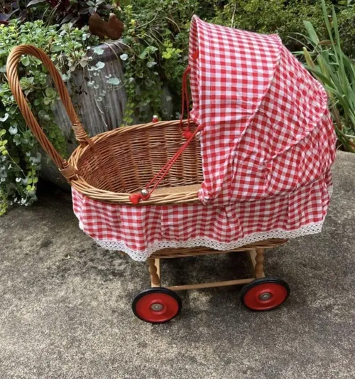 Vintage Wicker Doll Stroller - Red Gingham
