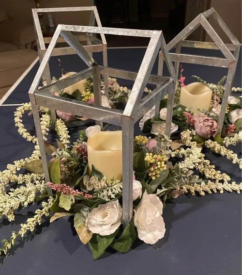 Lantern - Galvanized with Candle and Floral Decor