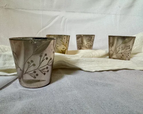 Etched leaf silver votive candle holder