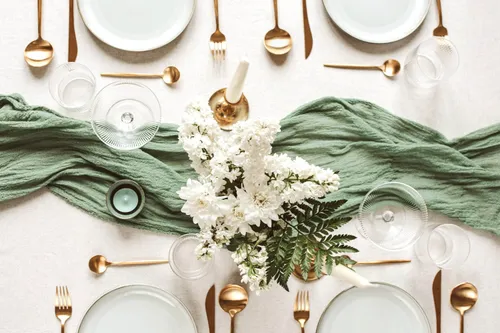 Sage green cheesecloth table runner