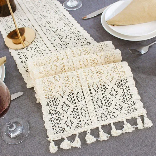 Crochet Table Runner Beige with Tassel 