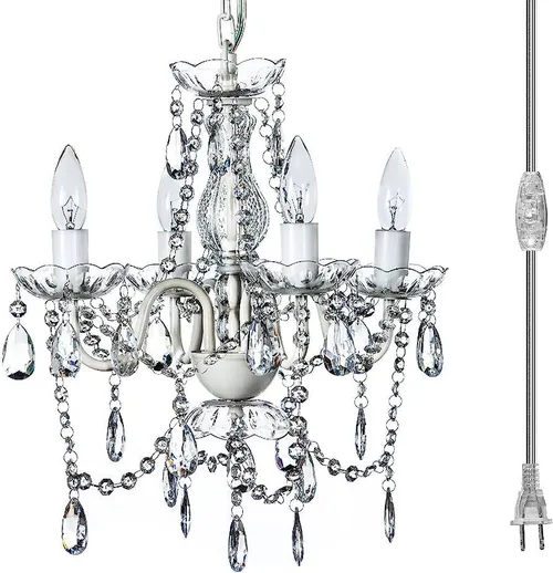 Plug-in 4 Light Crystal White Hanging Swag Chandelier H17.5”xW15”, (R)