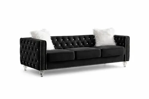 Jeweled Button Black Velvet Sofa