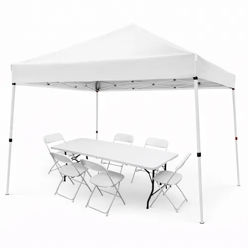 10x10 Pop up Canopy Tent Table with 6 Folding White Chairs 