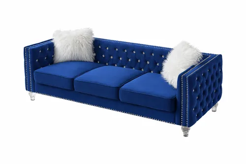Jeweled Button Tufted Blue Velvet Sofa