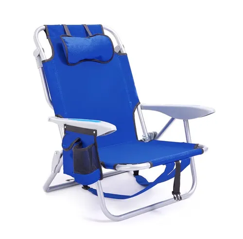 Portable Beach Chair for Adults, Outdoor Camping Chair Lay Flat Folding Backpack Beach Reclining Chair with 5 Positions, Headrest, Zipper Pouch, Cup Holder, Blue