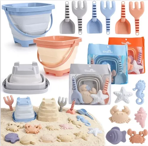 Dreamon 3 Pack Beach Toys Set for Kids 3-10, Collapsible Sand Buckets with Beach Molds and Mesh Bag, Sandbox Travel Toys Beach Vacation Essentials, Camping Gear, Fishing (Blue/Grey/Orange)