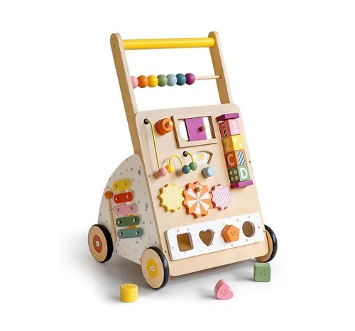 Wooden Baby Walker with Activity Center – Montessori Push Walker Toys for Boys & Girls 18 Months+ – Educational Toddler Learning Walker with 10-in-1 Sensory Games