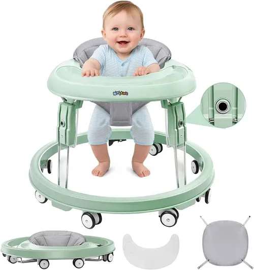 Baby Walker with Wheels, One-Touch Folding Portable Baby Walkers with Height Adjustment, Large Dinner Plate and Brake, Walker for Baby Boy Girls 6-18 Months, Green