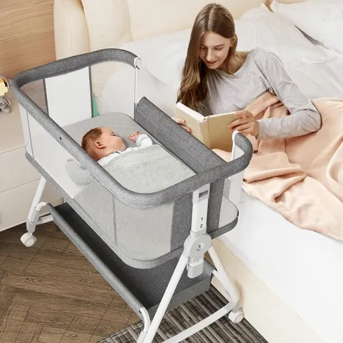 3 in 1 Baby Bassinet Bedside Sleeper with Storage Basket, 4-Sided Mesh Bedside Bassinet for Baby