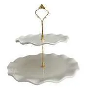 DS125 Dessert Stand - 2 Tier Milky White & Gold Round Ruffled