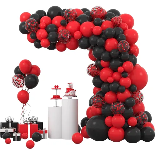 Black Red Confetti Premade Grab and Go Balloon Garland – Ready-To-Use Balloon Decor for Atlanta Events, Birthdays, Baby Showers & Weddings