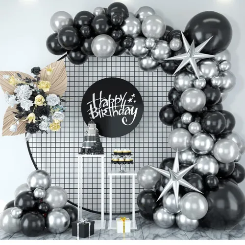 Grab and Go Balloon Garland Only -  Black Silver & Silver Stars 