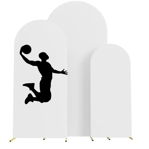 Backdrop Party Rental - Set of 3 Arch (7.2FT, 6.6FT, 6FT)  White with Basketball Player Silhouette 