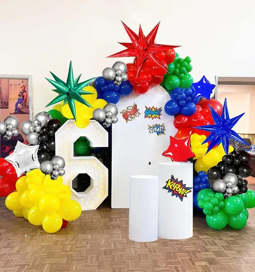Premade Ready to Hang Grab and Go Balloon Garland Only -Super hero  Red blue green yellow black balloons and starburst 