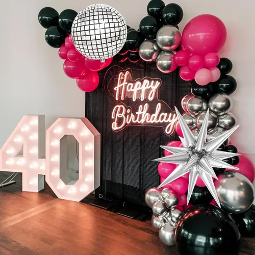 Black Silver and Fuschia  Premade Grab and Go Balloon Garland – Ready-To-Use Balloon Decor for Atlanta Events, Birthdays, Baby Showers & Weddings