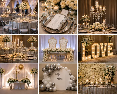 Wedding Reception Hall Table Decor - Elegant Wedding/Anniversary Hall  Deco - Silver Elegance Package