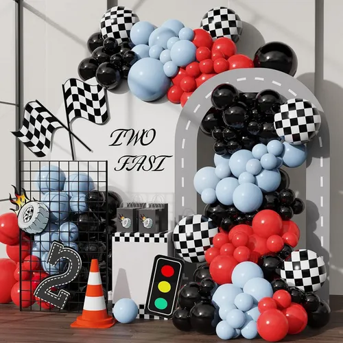 Premade Ready to Hang Grab and Go Balloon Garland Only-Red Blue Black Checkered Wheel Tire Balloons