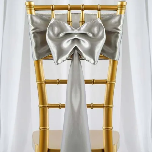  Silver Satin Chair Sash Rental for Gold Chiavari Chairs