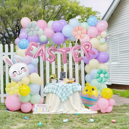 Premade Ready to Hang Grab and Go Balloon Garland Only - Colorful daisy letters Easter egg chicken foil balloons