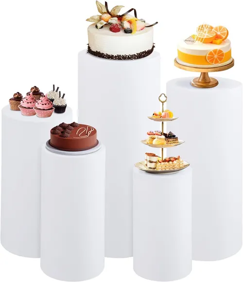 Cylinder Backdrop Dessert Stand Tables - with White Cover 