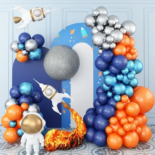 Navy Orange Silver Metallic Blue  Premade Grab and Go Balloon Garland – Ready-To-Use Balloon Decor for Atlanta Events, Birthdays, Baby Showers & Weddings