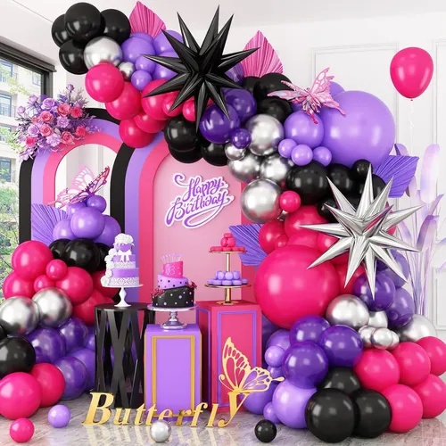 Purple Black Silver Fuschia  Premade Grab and Go Balloon Garland – Ready-To-Use Balloon Decor for Atlanta Events, Birthdays, Baby Showers & Weddings