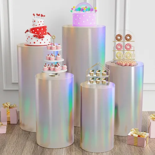 Cylinder Backdrop Dessert Stand Tables with Iridescent Covers 