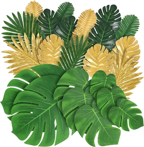 Rental Artificial Palm Leaves for Tropical Party Decorations Golden Tropical Leaves with Stems Jungle Leaves Decoration Hawaiian Party Beach Baby Shower Wedding Birthday Decorations - 24pack 
