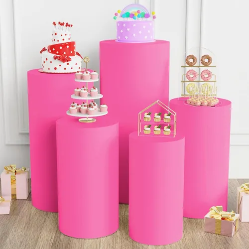 Cylinder Backdrop Dessert Stand Tables - with Pink Covers