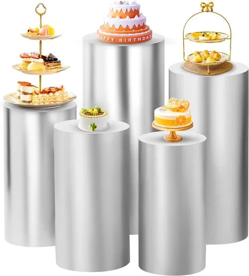 Cylinder Backdrop Dessert Stand Tables - with Silver Covers