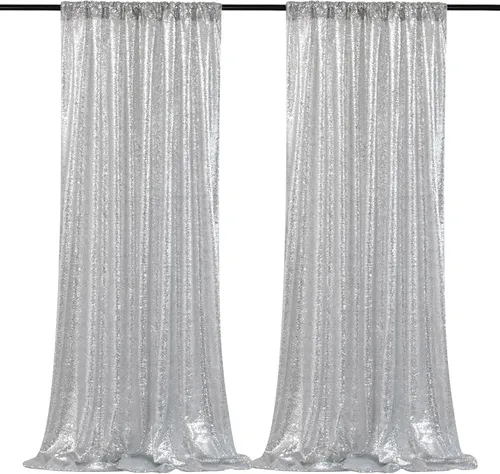 Rent 2Panel (2x8ft) Wedding Birthday Party Photo Backdrop Drapes - Shimmering Silver 