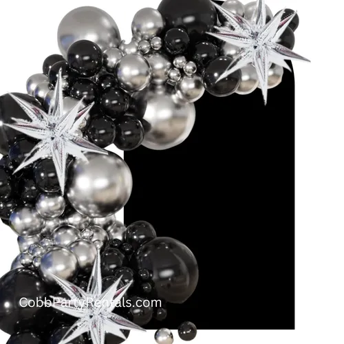 Grab and Go Balloon Garland Only  Deep Black and Metallic Silver- With Star Highlights 