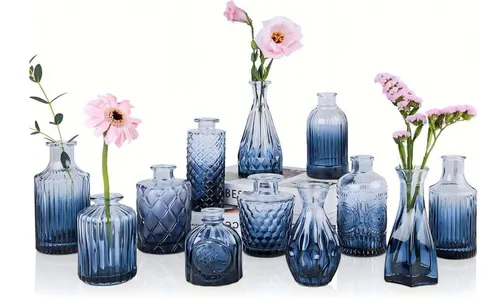 Party Rental Table Decoration Blue Bud Assorted Size Vases Only -Set of 10