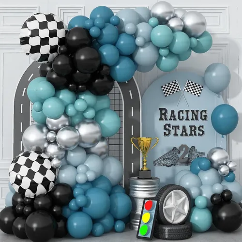 Grab and Go Balloon Garland Only - Black Dusty Blue Teal Sliver & Checkered Mylar 