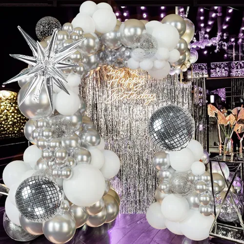 Grab and Go Balloon Garland Only - Clear White Silver Disco Balls 
